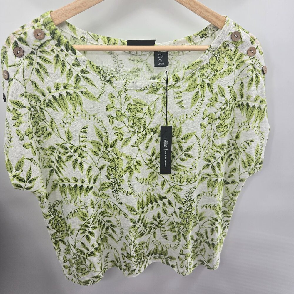 Tahari White Green Linen Lyocell Leaf Lightweight Blouse Medium